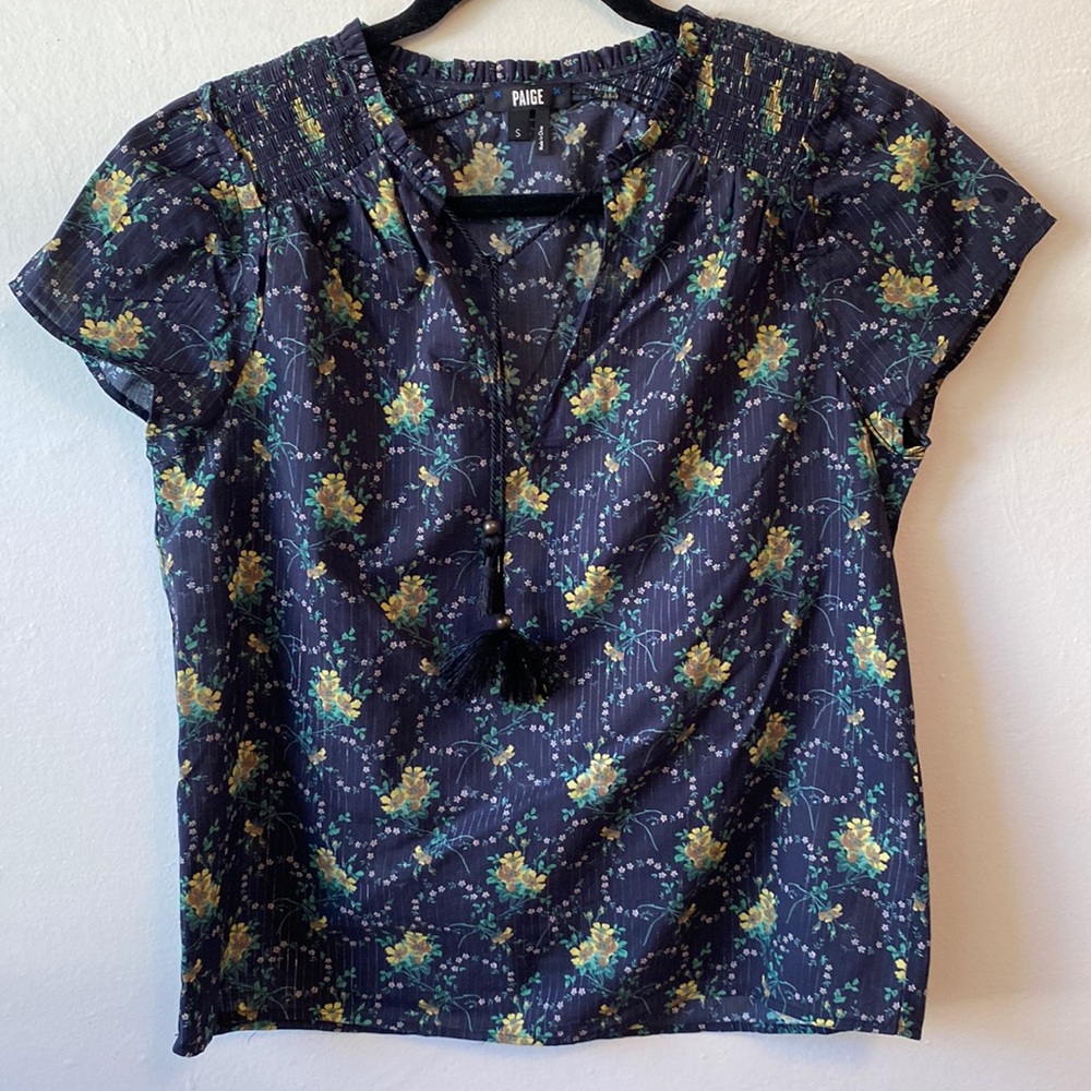 PAIGE dark blue floral lightweight cotton blouse size Small